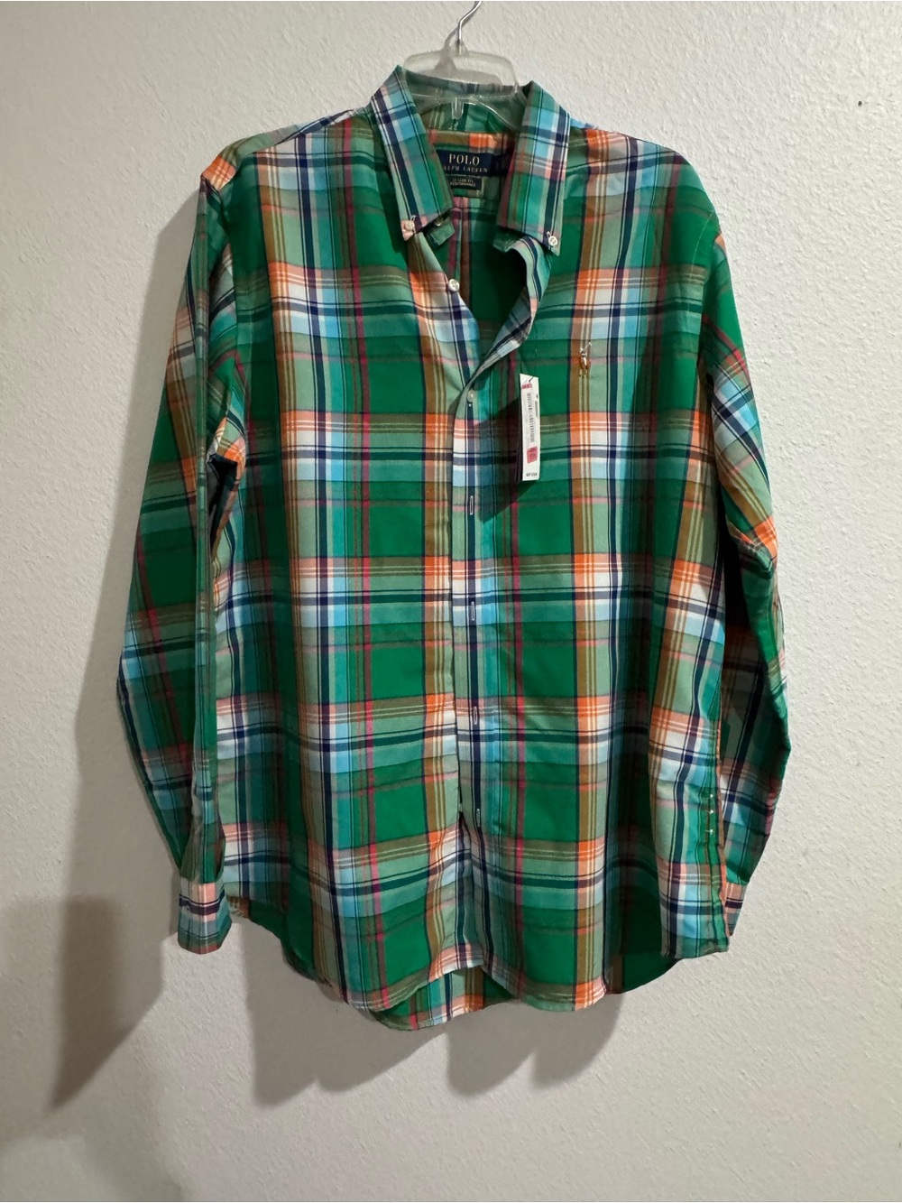 Polo by Ralph Lauren Green Plaid Cotton Button-Down Shirt with Orange Accents